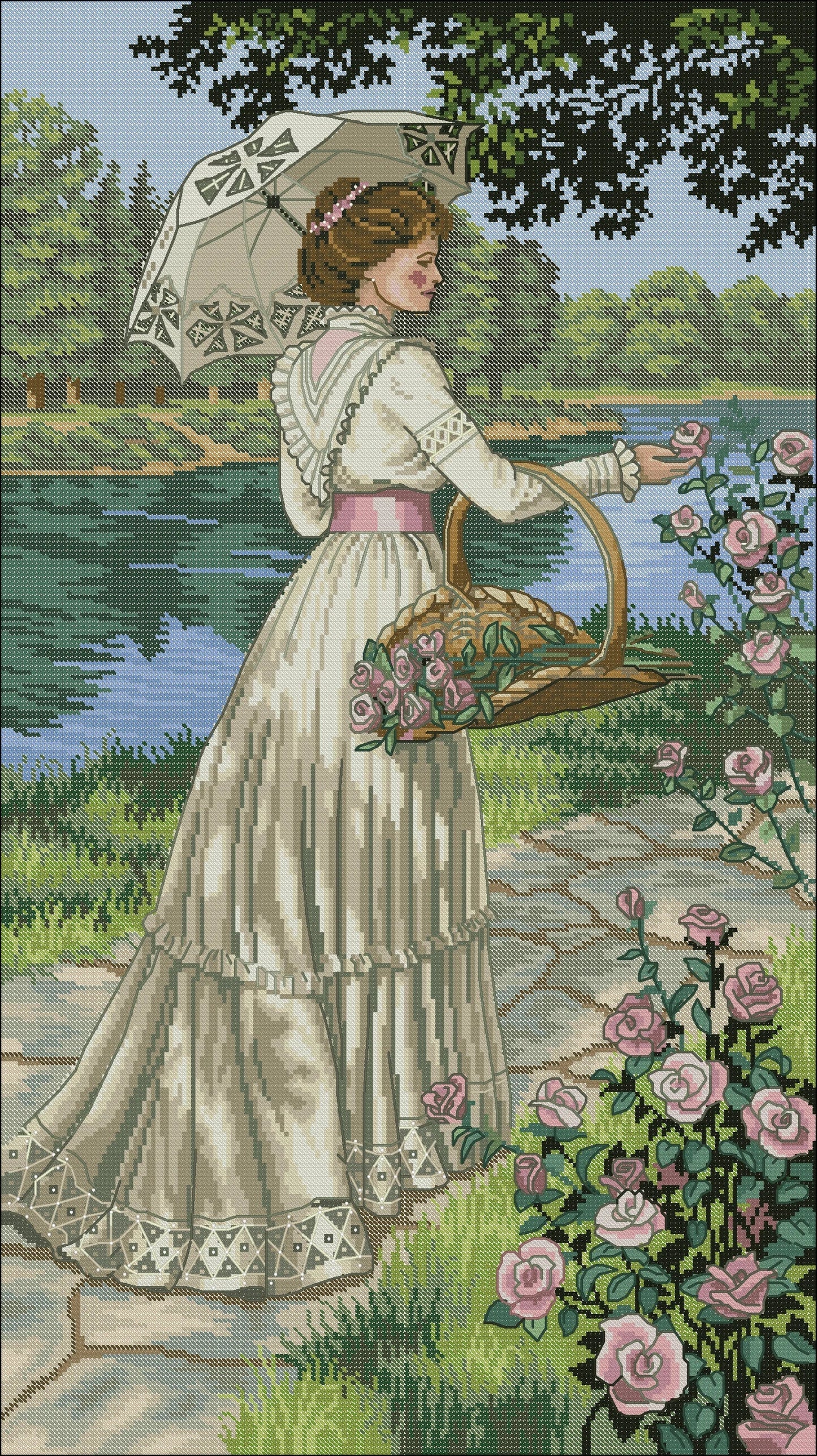 Summer Stroll, Cross Stitch Pattern, Digital Pattern PDF, Modern Decor, Woman with a bouquet, Floral Pattern, Hand Needlepoint Chart