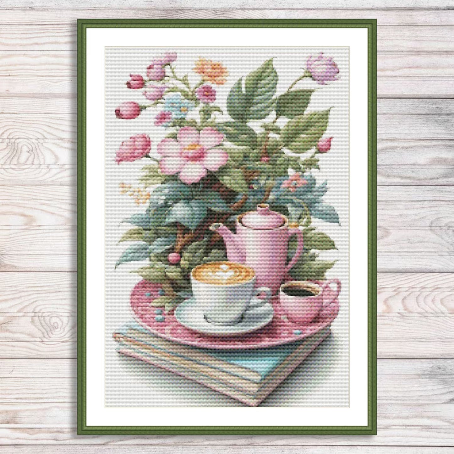Coffe Time Cross Stitch Pattern Digital Pattern Watercolor Flowers Kitchen Still Life Modern Decor Pattern Cup of coffee Needlepoint chart
