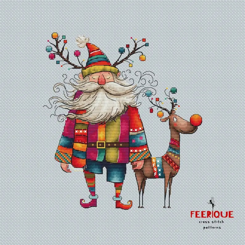 Funny Grandfather Frost and Reindeer, Christmas Cross Stitch Pattern – Humorous Holiday Embroidery Scheme, digital PDF, Saga, needlework art