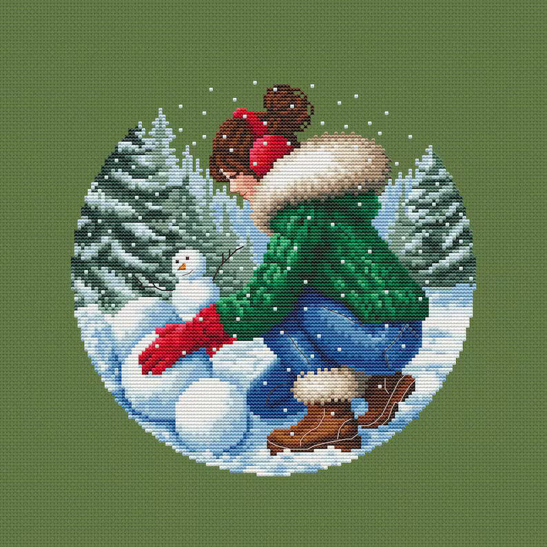 Winter Snowman Cross Stitch Pattern: Girl in Forest Instant Download
