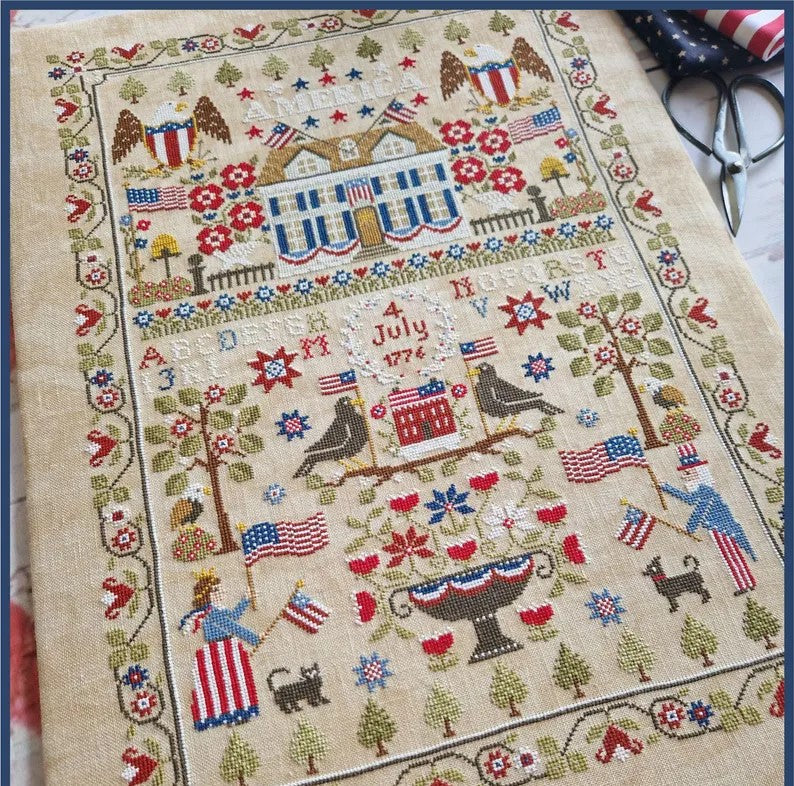 DIGITAL PDF FILE "American sampler", cross stitch chart, with alphabeth, sampler, patriotic, Americana, 4th July, red white and blue