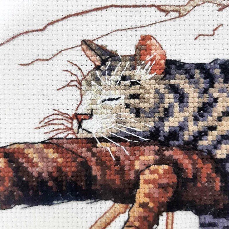 Cross Stitch Pattern Too Tired (Too pooped), Instant Download PDF + XSD Saga, Animal Design, Sleeping cat on a branch, Instant Download Instant Download