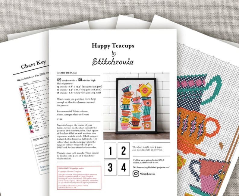 Happy Teacups Sampler - Cross Stitch Pattern (Digital Format - PDF)