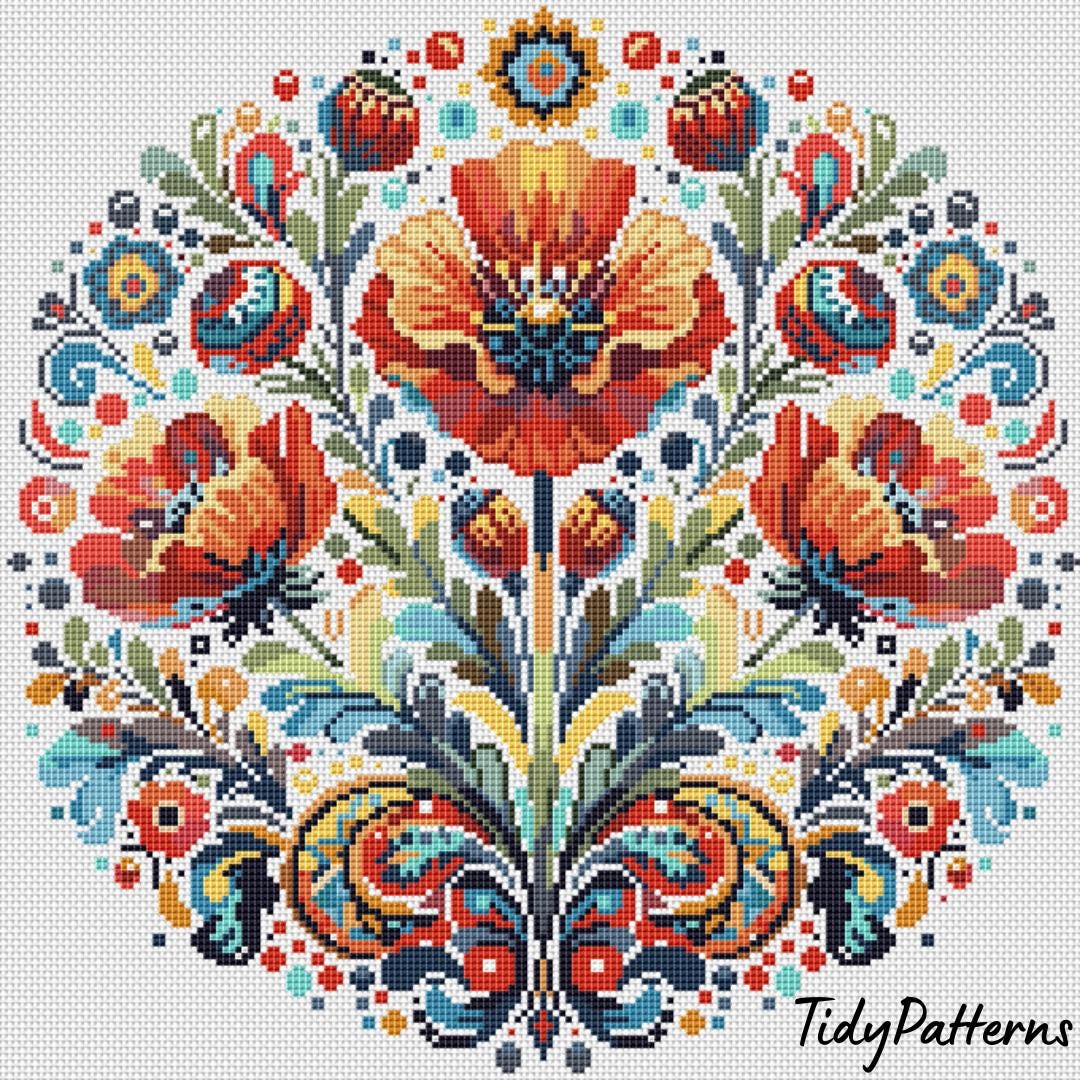 Ornate Poppy Bloom, cross stitch pattern, Flowers, Spring, modern cross stitch, PDF, instant download, FLR54