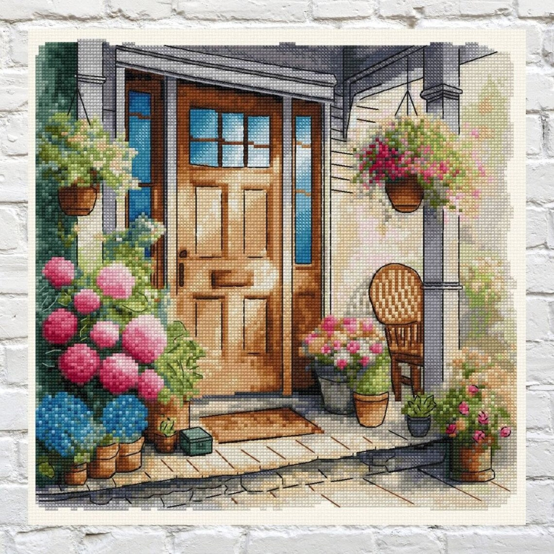 Summer Cottage Porch Cross Stitch Pattern, Cozy House Front Door with Chair modern embroidery, Hydrangea and Flowers, Instant PDF Download