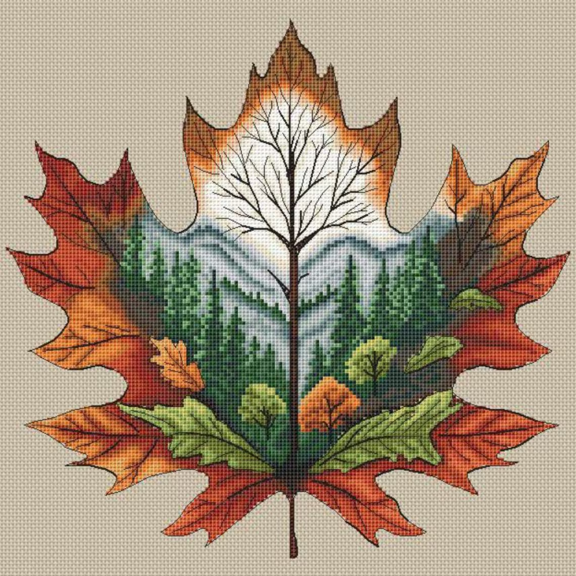 Autumn Leaf Cross Stitch Pattern: Forest Landscape Embroidery (PDF Downloadable Chart)