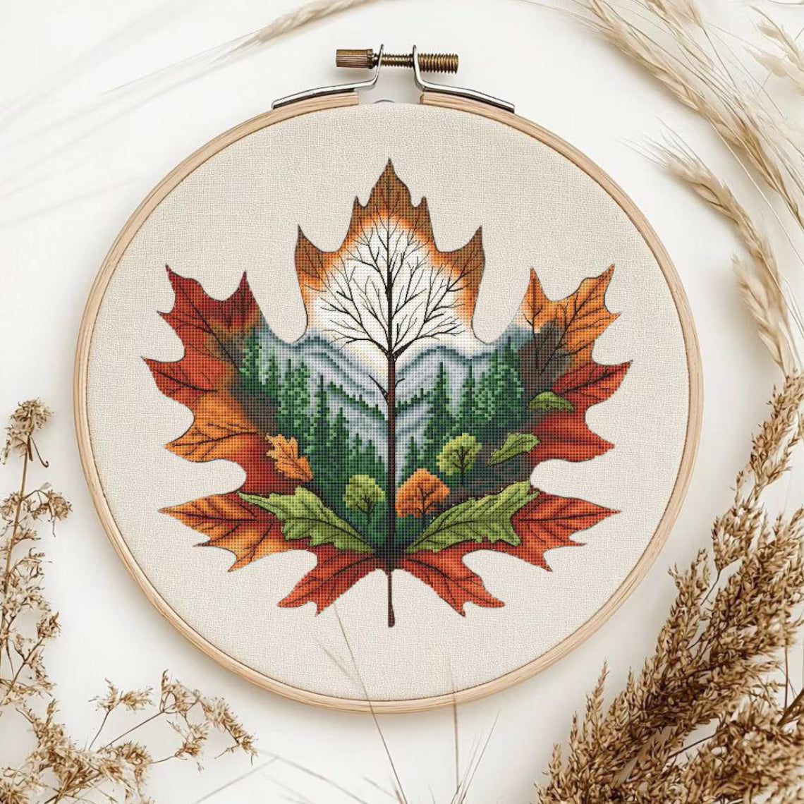 Autumn Leaf Cross Stitch Pattern: Forest Landscape Embroidery (PDF Downloadable Chart)