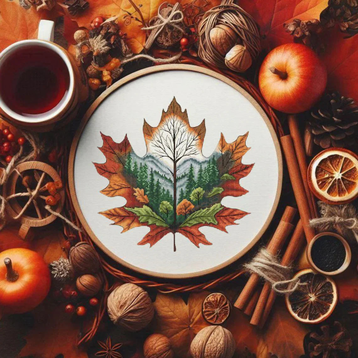 Autumn Leaf Cross Stitch Pattern: Forest Landscape Embroidery (PDF Downloadable Chart)