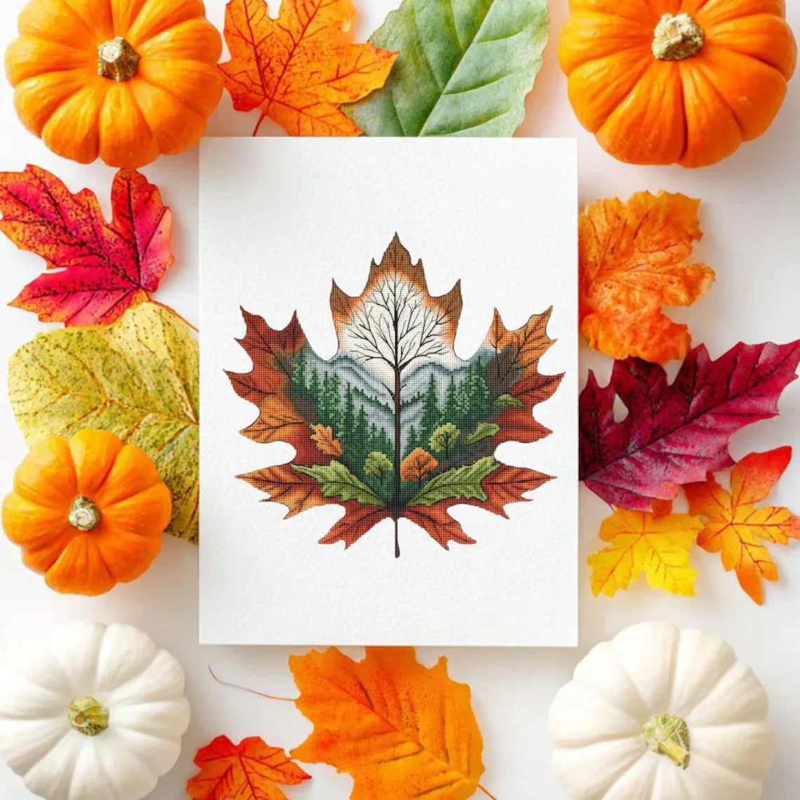 Autumn Leaf Cross Stitch Pattern: Forest Landscape Embroidery (PDF Downloadable Chart)