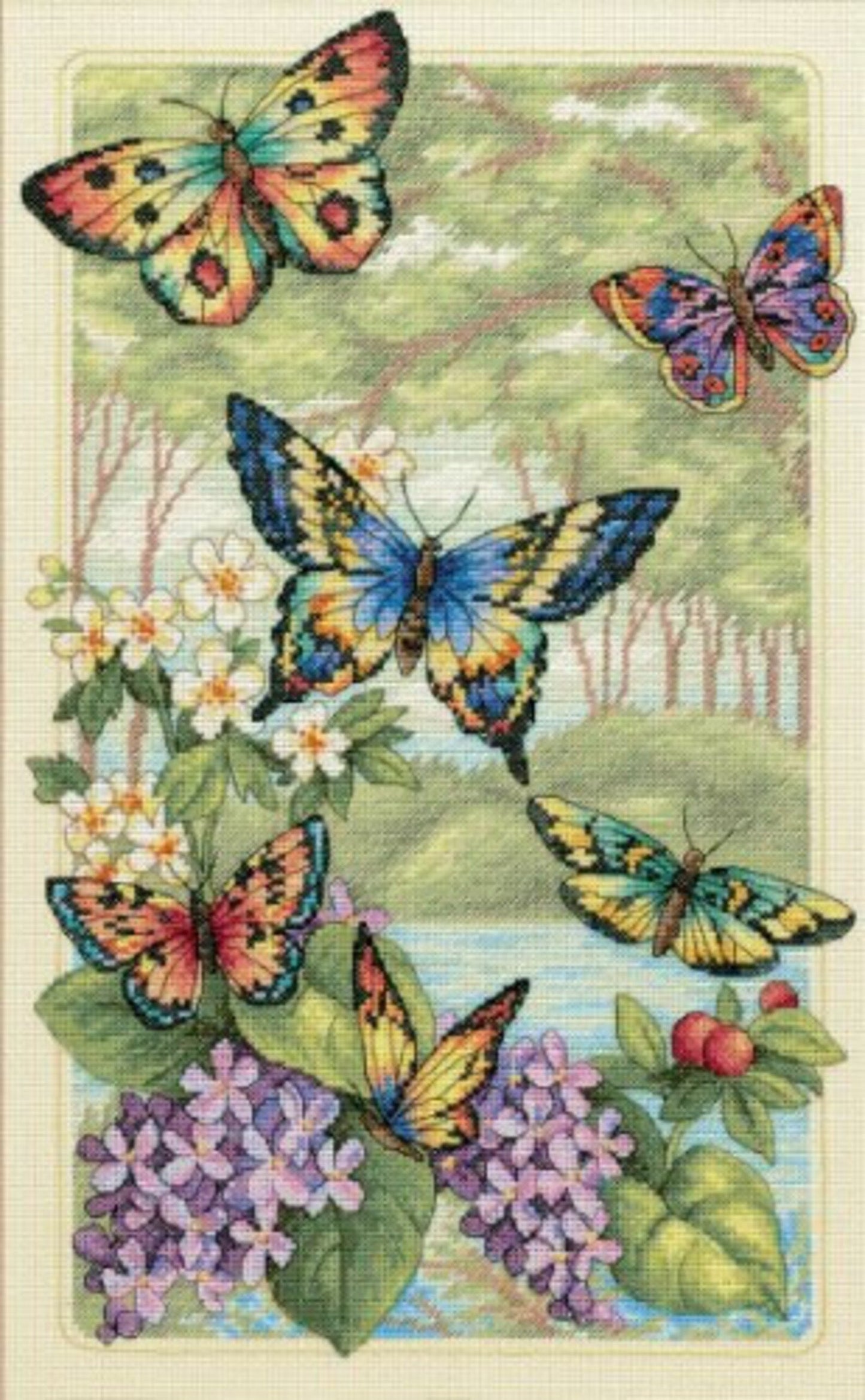 Butterfly Forest Cross Stitch Pattern PDF Digital Pattern Modern Decor Wild Flowers Pattern Bouquet Embroidery Needlepoint Chart Download