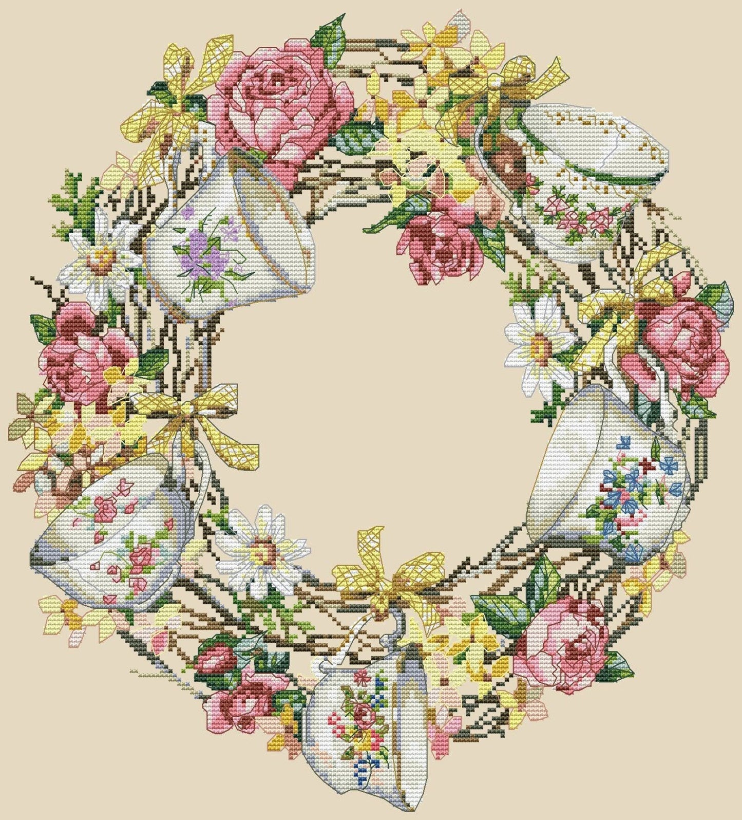 Wreath with cups Cross Stitch Pattern Kitchen Decor Hand Embroidery Needlepoint Counted cross stitch Roses Daffodils Spring Doors Wreath