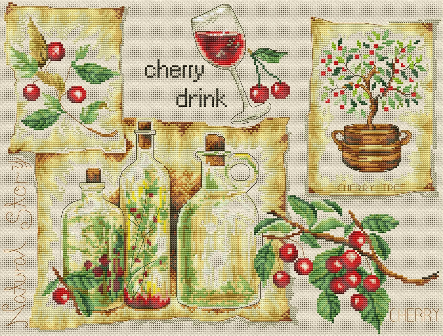 Kitchen Cross Stitch Pattern Cherry Drink Digital Pattern Kitchen Still Life Modern Decor Pattern Glass of wine Embroidery Needlepoint chart