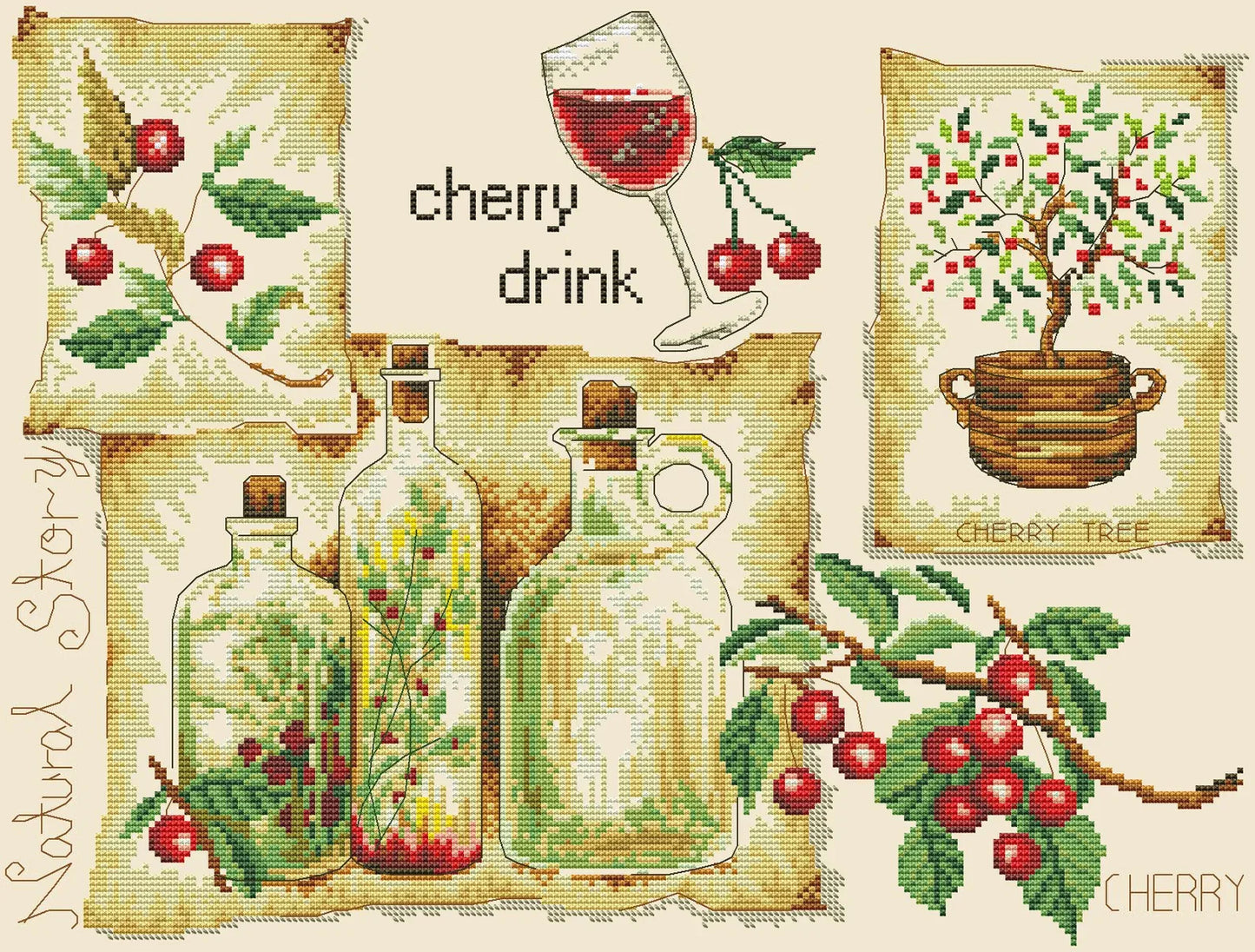 Kitchen Cross Stitch Pattern Cherry Drink Digital Pattern Kitchen Still Life Modern Decor Pattern Glass of wine Embroidery Needlepoint chart