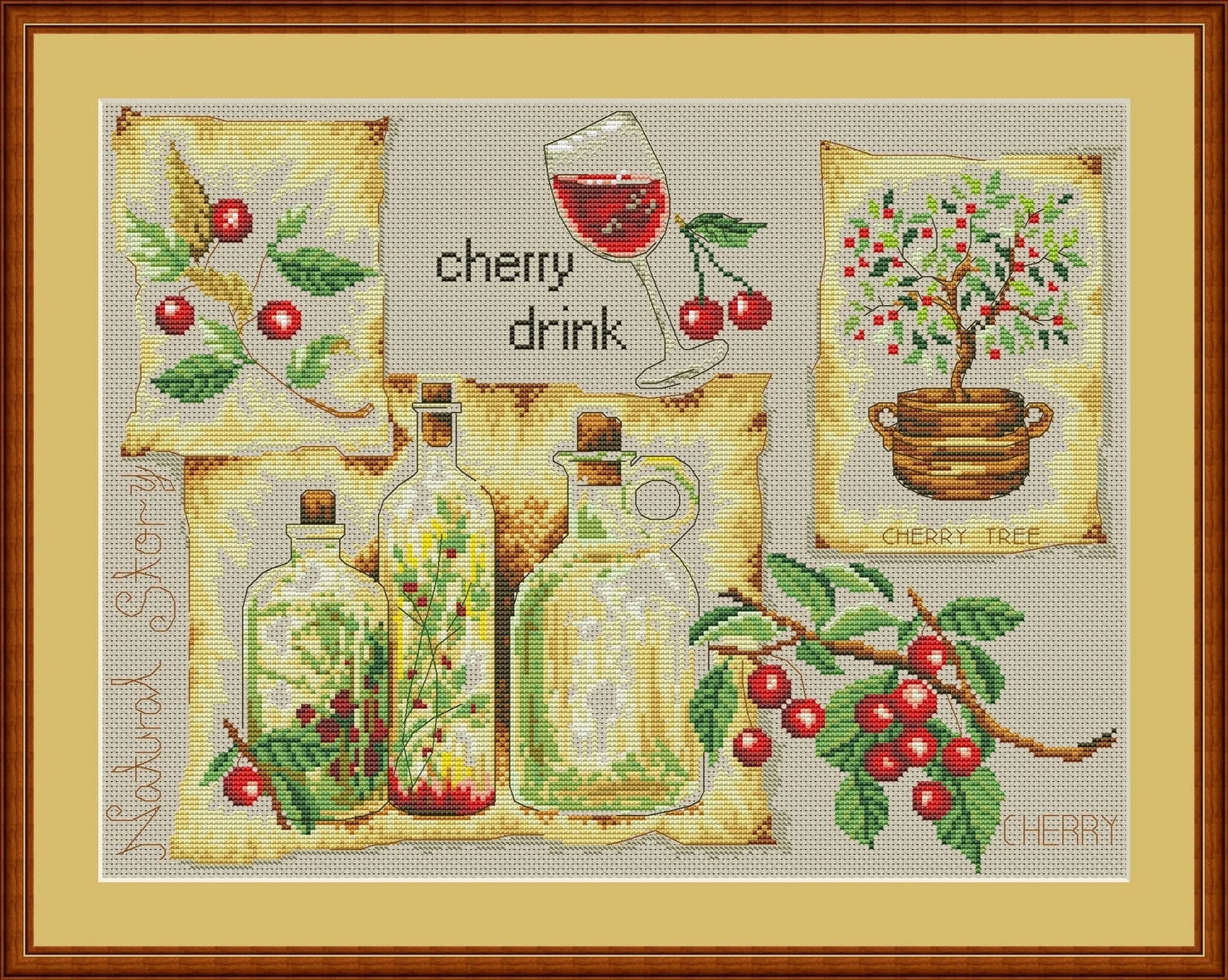 Kitchen Cross Stitch Pattern Cherry Drink Digital Pattern Kitchen Still Life Modern Decor Pattern Glass of wine Embroidery Needlepoint chart