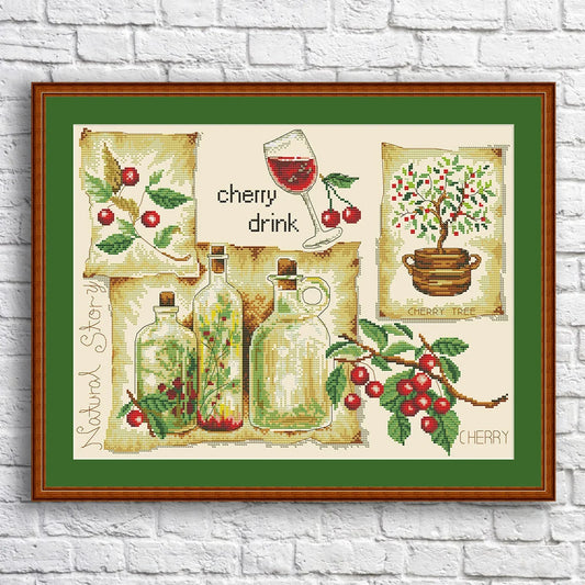 Kitchen Cross Stitch Pattern Cherry Drink Digital Pattern Kitchen Still Life Modern Decor Pattern Glass of wine Embroidery Needlepoint chart