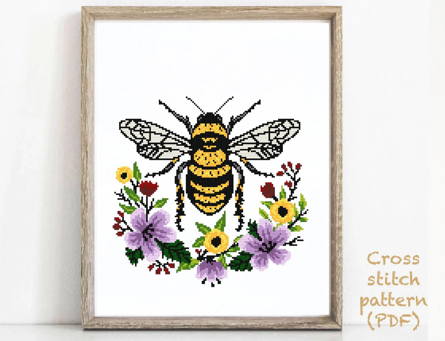 Honey bee Modern Cross Stitch Pattern, flowers wreath, insect counted cross stitch chart, nature, hoop embroidery, Instant download PDF