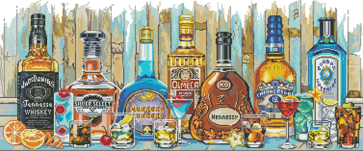 Bottle Whiskey Cross Stitch Pattern Still Life Kitchen Decor Hand Embroidery Needlepoint Chart Counted cross stitch Glass Shot Cocktail PDF