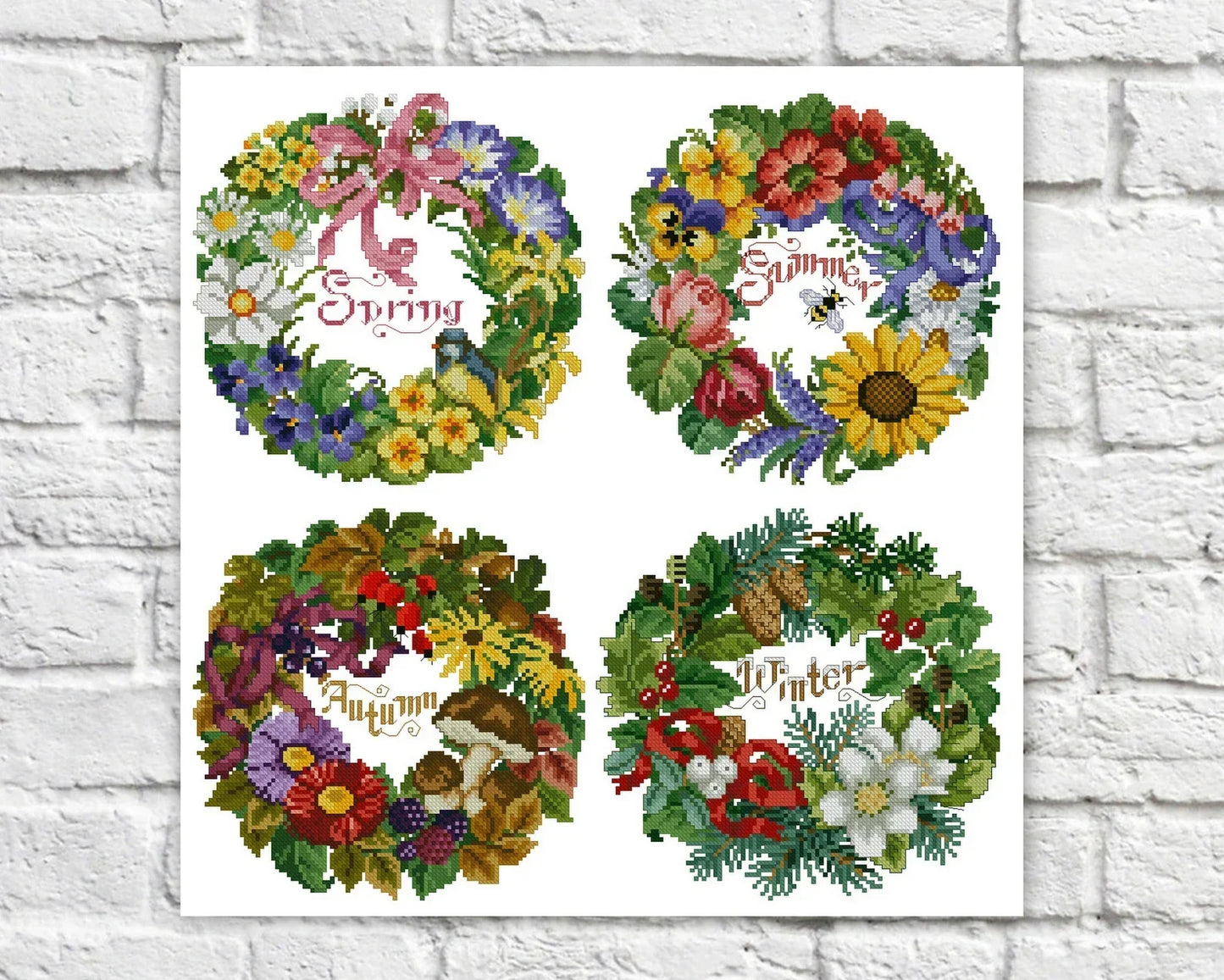 Season Wreath Cross Stitch Patterns Flowers Wreath Colorful Art X-stitch Needlepoint Pattern Embroidery Chart Printable PDF Instant Download