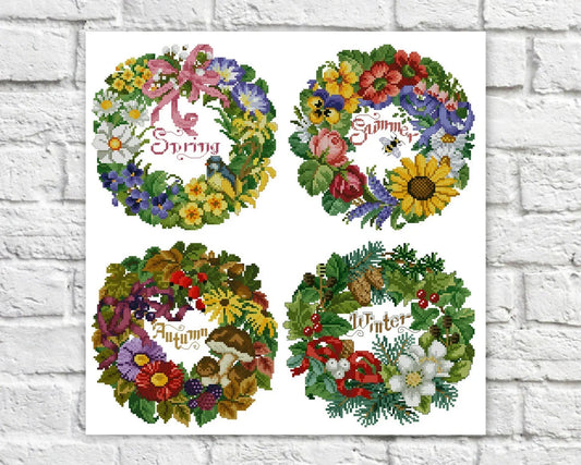 Season Wreath Cross Stitch Patterns Flowers Wreath Colorful Art X-stitch Needlepoint Pattern Embroidery Chart Printable PDF Instant Download