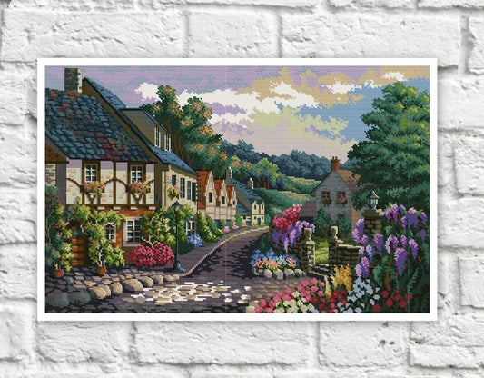 Village Cottage Cross Stitch Pattern Houses Colorful Art DIY X-stitch Needlepoint Embroidery Chart Printable Instant Download PDF Design