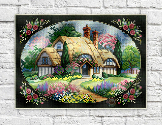 House Cross Stitch Pattern Cottage Colorful Art DIY X-stitch Needlepoint Pattern Embroidery Chart Printable Instant Download PDF Design