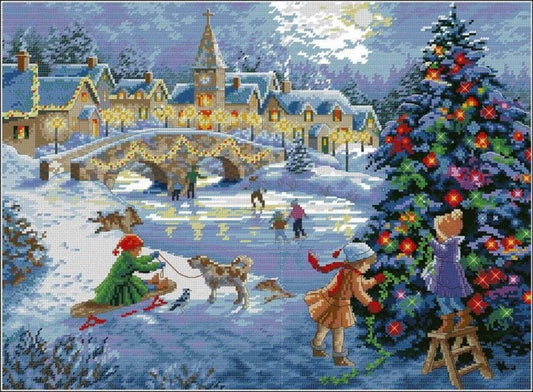 Christmas City Cross Stitch Pattern Colorful Art DIY X-stitch Needlepoint Pattern Embroidery Chart Printable Instant Download PDF Design