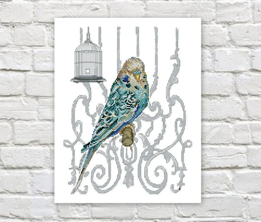 Parrot Cross Stitch Pattern Blue Budgie Cross Stitch Bird Counted PDF X-stitch Chart Needlepoint Embroidery Instant Download