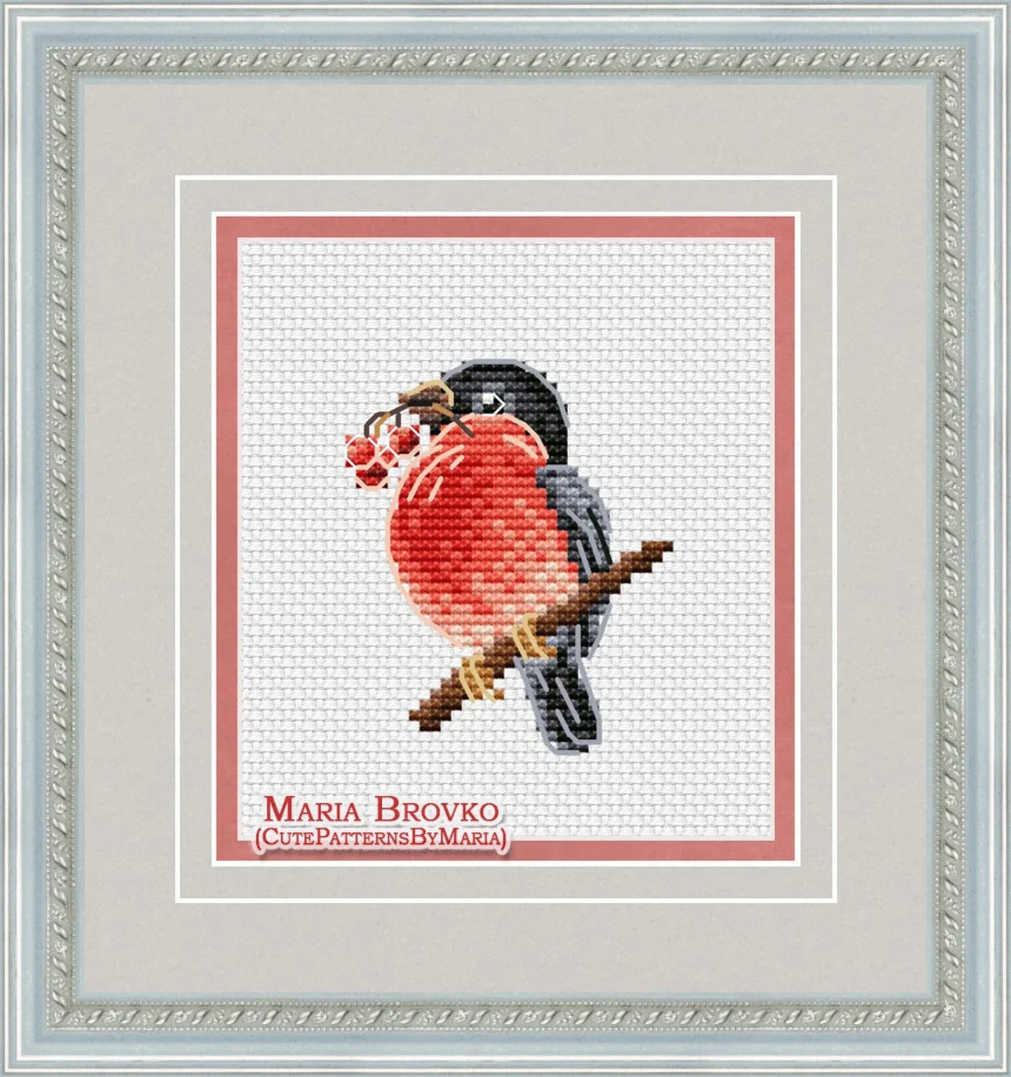 Cross Stitch Pattern Little bullfinch with berries DMC Chart Embroidery Chart Printable PDF Instant Download