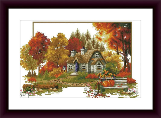 Autumn cottage Counted cross stitch pdf pattern village cottage Digital cross stitch chart fall cross stitch pattern instant download