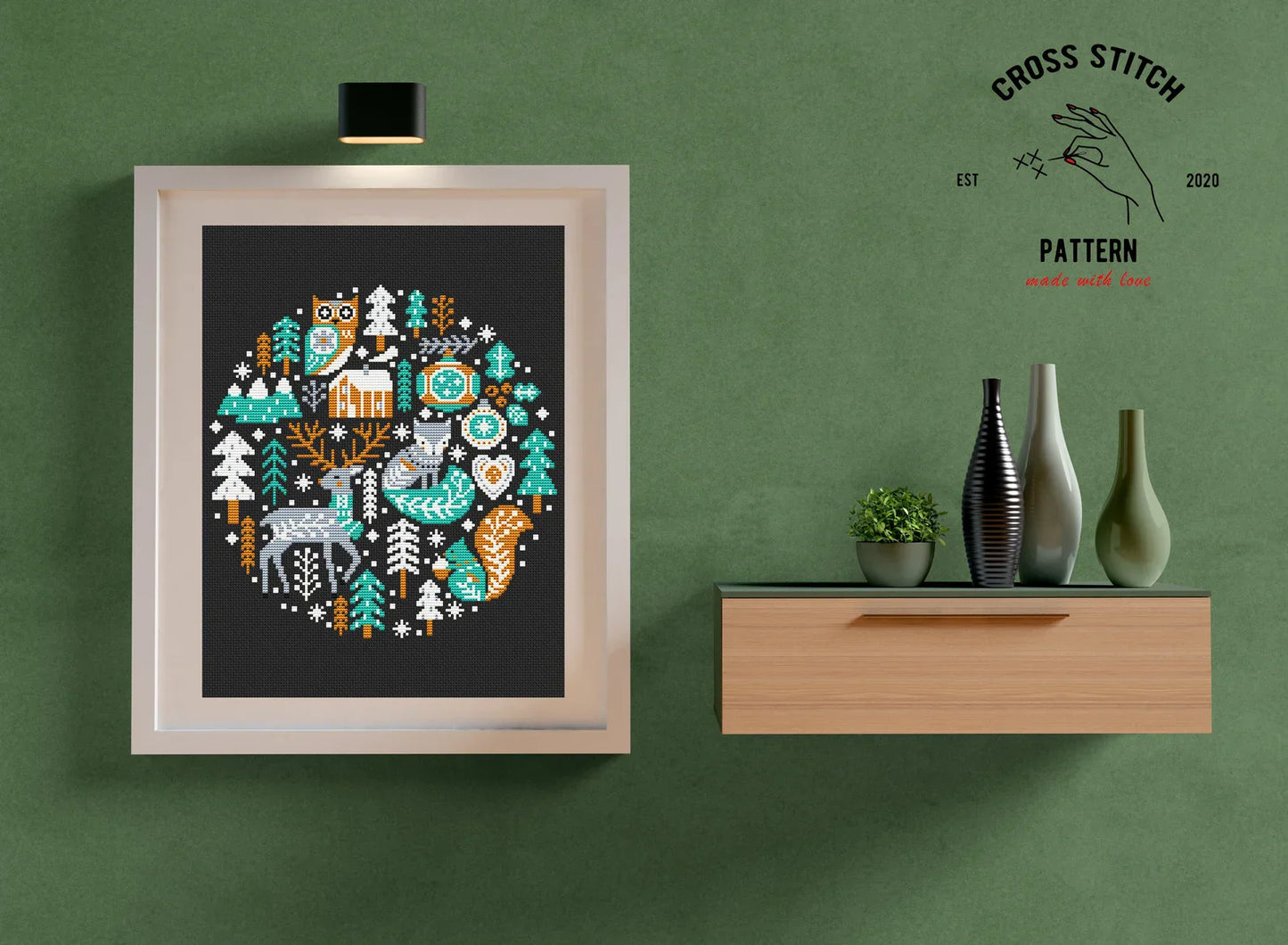 Scandinavian Christmas ornament cross stitch pattern Woodland animals Christmas decorations embroidery Nordic theme chart Holiday gift