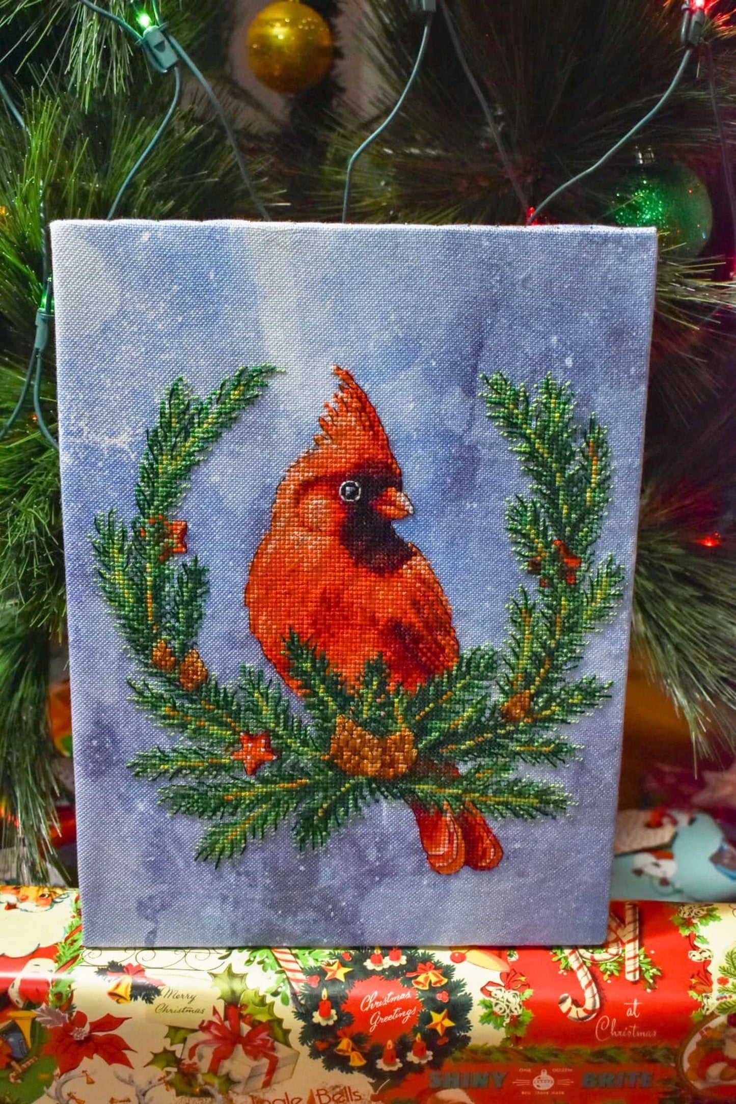 Cross Stitch Christmas Decor Spruce wreath with cardinal DMC Chart Printable PDF Instant Download