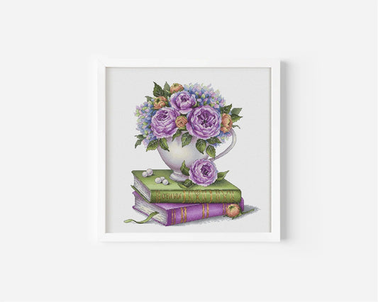 Rose Cross Stitch Pattern PDF, Book Cross Stitch Pattern, Flower Counted Cross Stitch Instant Download, Floral Bouquet, Home Decor Wall Art