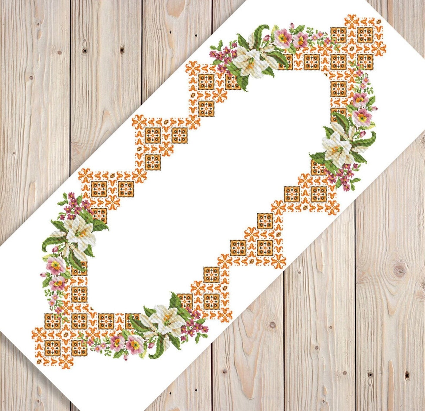 Tablecloth with lilies Cross Stitch Pattern Kitchen Table Runner Cross Stitch Pattern Kitchen Decor Hand Embroidery Ukrainian Geometric