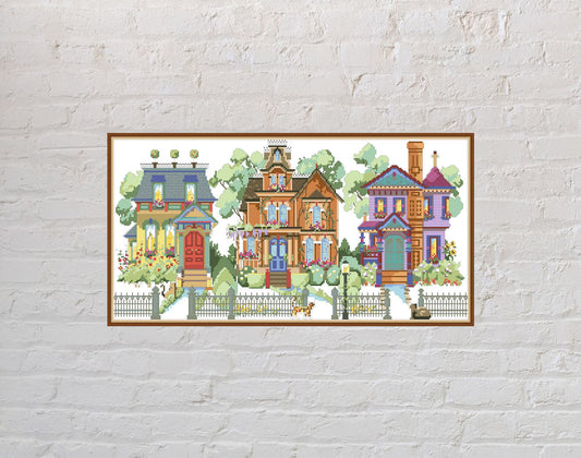 Cross stitch pattern Summer Street, house cross stitch, nature embroidery, PDF file, printable, summer cross stitch, vintage cross stitch