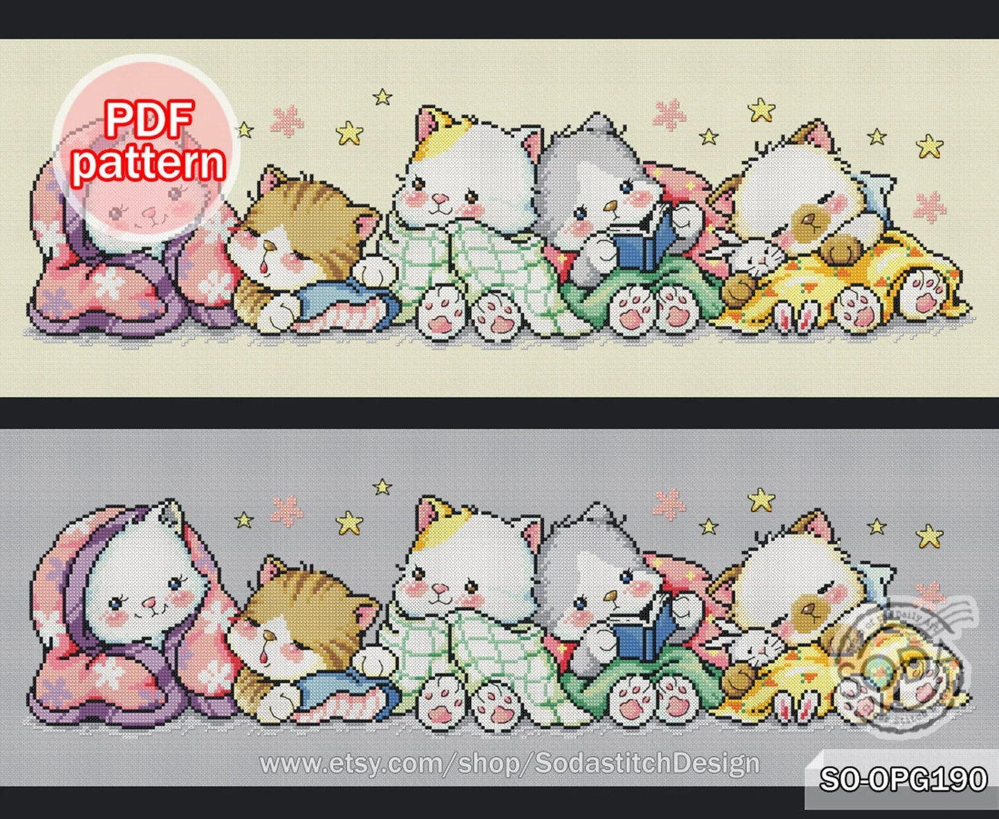 Cross Stitch Pattern pdf Cats Kitty Kitten Cute Animal Modern Instant pdf Download Counted,SO-OPG190 'Cats of the Night'