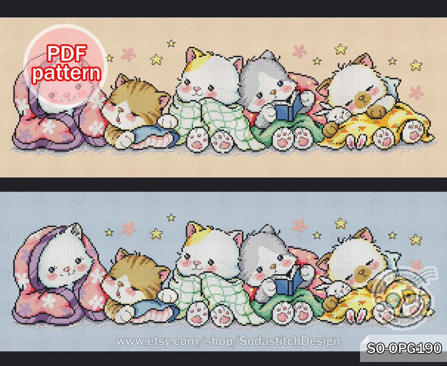 Cross Stitch Pattern pdf Cats Kitty Kitten Cute Animal Modern Instant pdf Download Counted,SO-OPG190 'Cats of the Night'