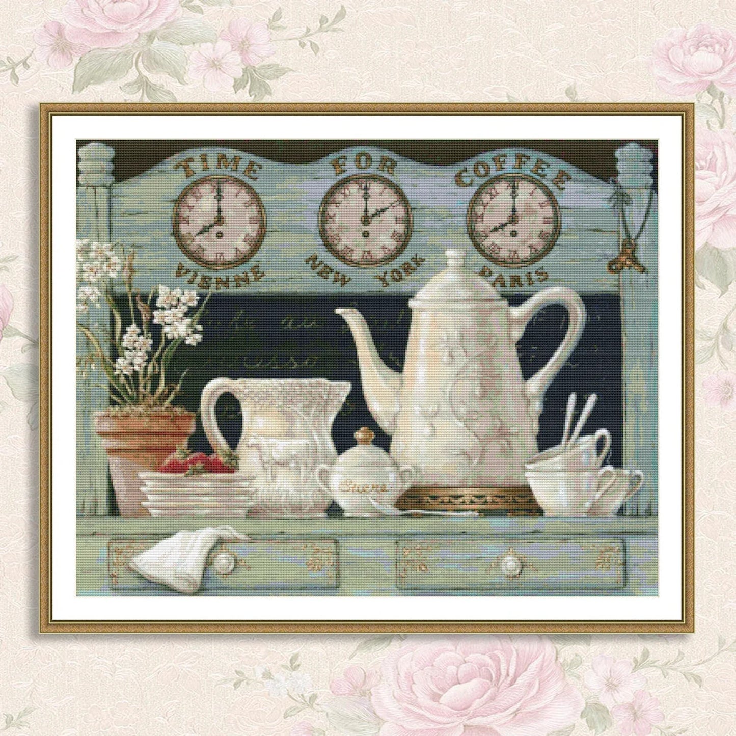 Time for Coffee Still Life Cross Stitch Pattern Digital Pattern Decor Wild Flowers Pattern Bouquet Embroidery Needlepoint Chart Download