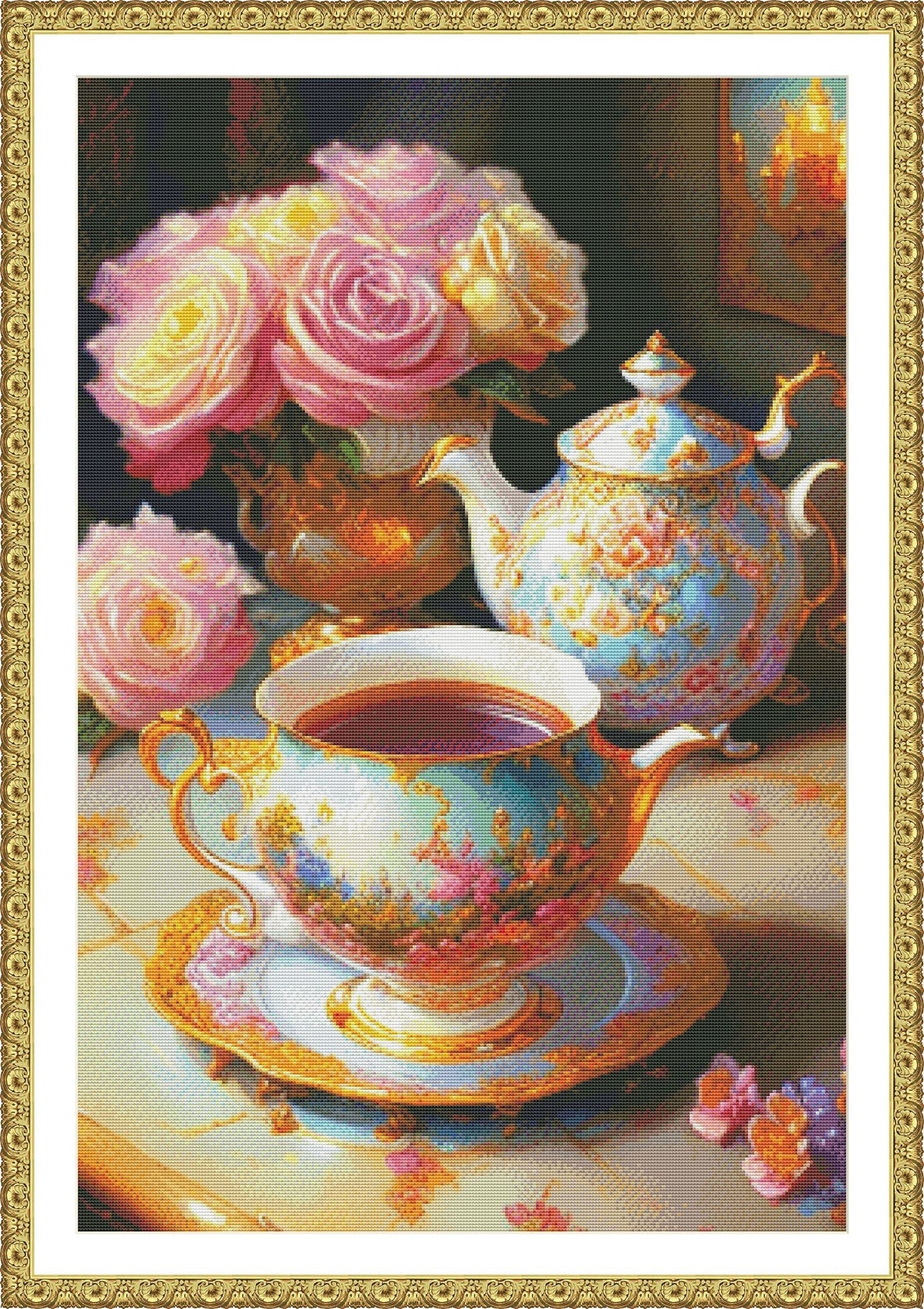 Royal tea set Cross Stitch Pattern Tea service Bouquet of flowers Kitchen Still Life Modern Decor Pattern Cups Napkins Embroidery Needlework