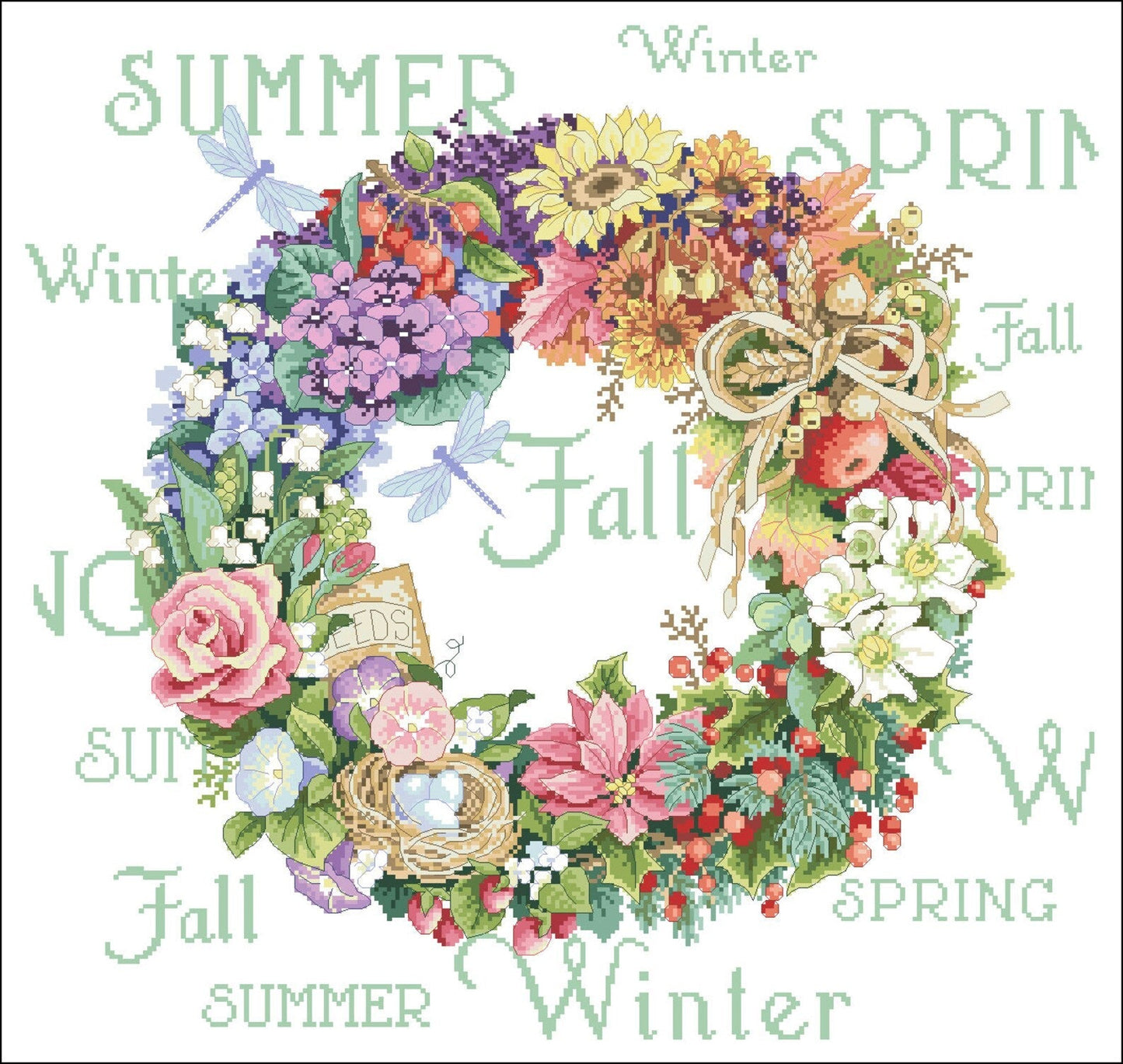 Cross stitch pattern Four Seasons Wreath, floral cross stitch, nature embroidery, flower cross stitch, digital PDF file,vintage cross stitch