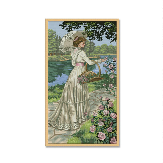 Summer Stroll, Cross Stitch Pattern, Digital Pattern PDF, Modern Decor, Woman with a bouquet, Floral Pattern, Hand Needlepoint Chart