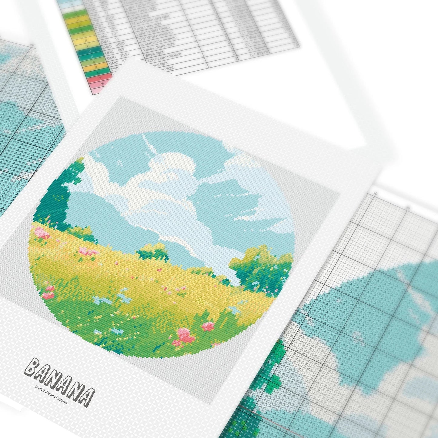 Ghibli inspired Meadow Cross Stitch Pattern | Anime Landscape Cross Stitch Chart Download | Nature Cross Stitch | Large Modern Cross Stitch