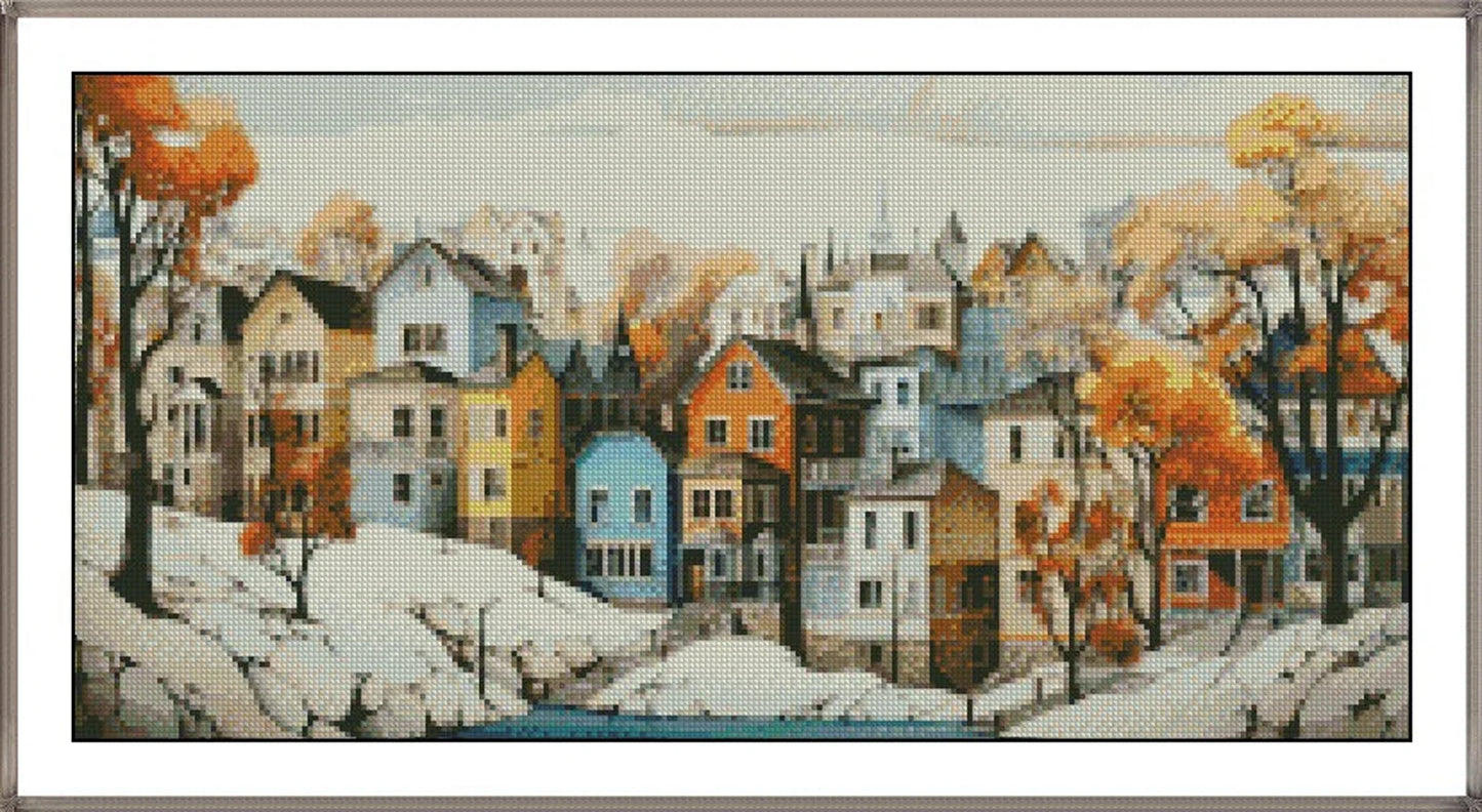 Winter Cross Stitch Pattern,City by the River,Landscape,Pattern Keeper,Counted Cross Stitch,Pdf,Instant Download