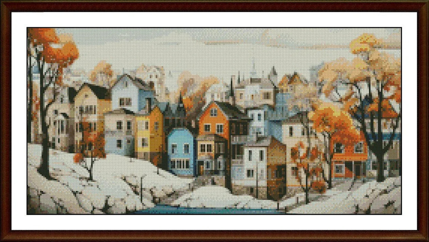 Winter Cross Stitch Pattern,City by the River,Landscape,Pattern Keeper,Counted Cross Stitch,Pdf,Instant Download