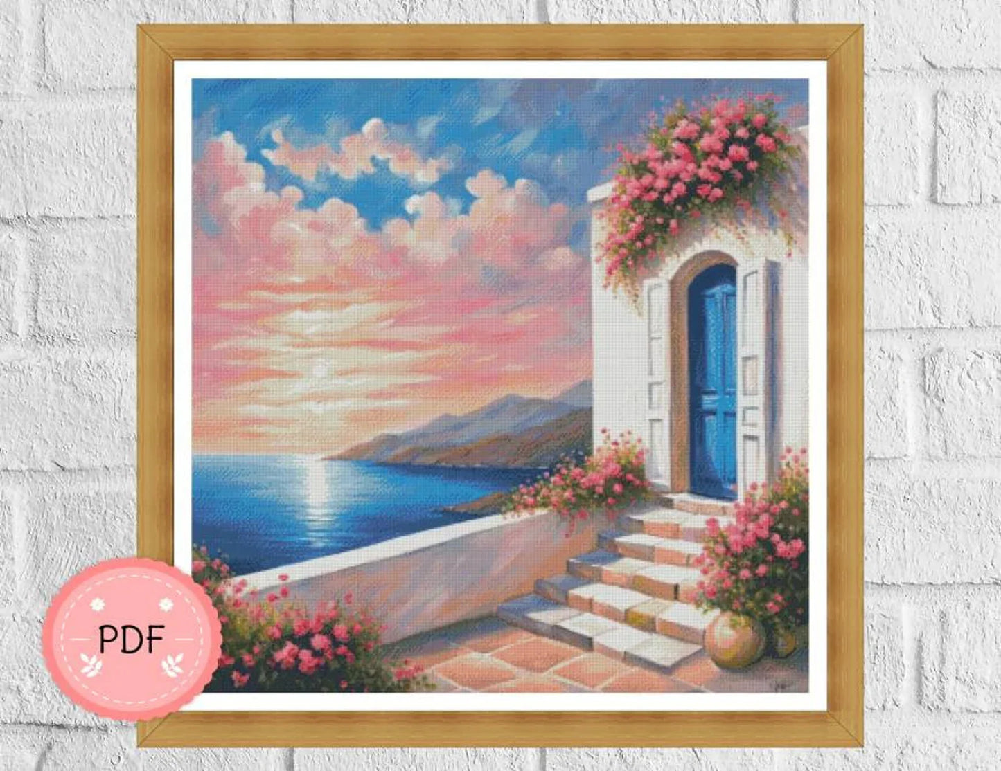 Cross Stitch Pattern,Greek Island House With Sea View,Pdf Instant Download,Greece Cityscape,X Stitch Chart,Santorini,Mykonos,Full Coverage