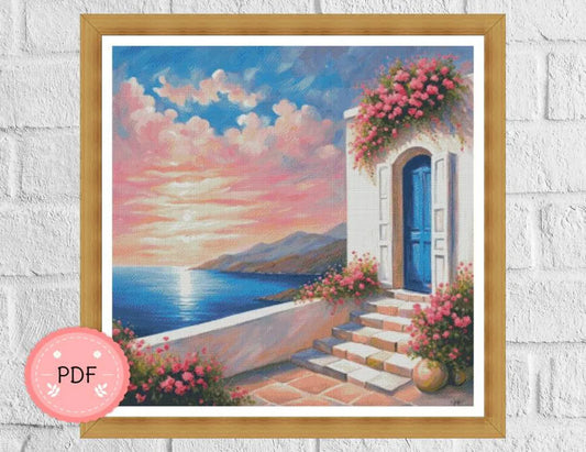 Cross Stitch Pattern,Greek Island House With Sea View,Pdf Instant Download,Greece Cityscape,X Stitch Chart,Santorini,Mykonos,Full Coverage