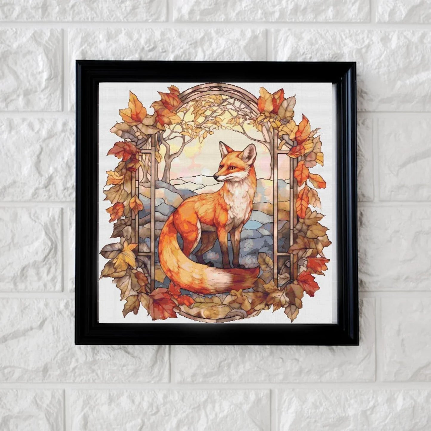 Stained glass Autumn fox cross stitch pattern full coverage PDF