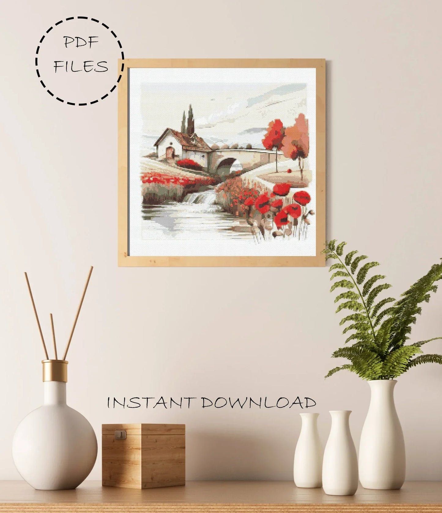 Landscape Cross Stitch Pattern | Landscape Cross Stitch | Poppy Cross Stitch | Landscape Embroidery Pattern | Landscape Cross Stitch Kit