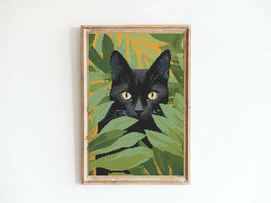 Black Cat Amongst Green Leaves Abstract Cross Stitch Sewing Embroidery Pattern Instant DMC Download X-Stitch Flowers Cottagecore