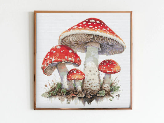 Woodland Fly Argaric Mushrooms Cross Stitch Sewing Embroidery Pattern Instant Download X-Stitch Landscape Cottagecore Needlework Mushroom