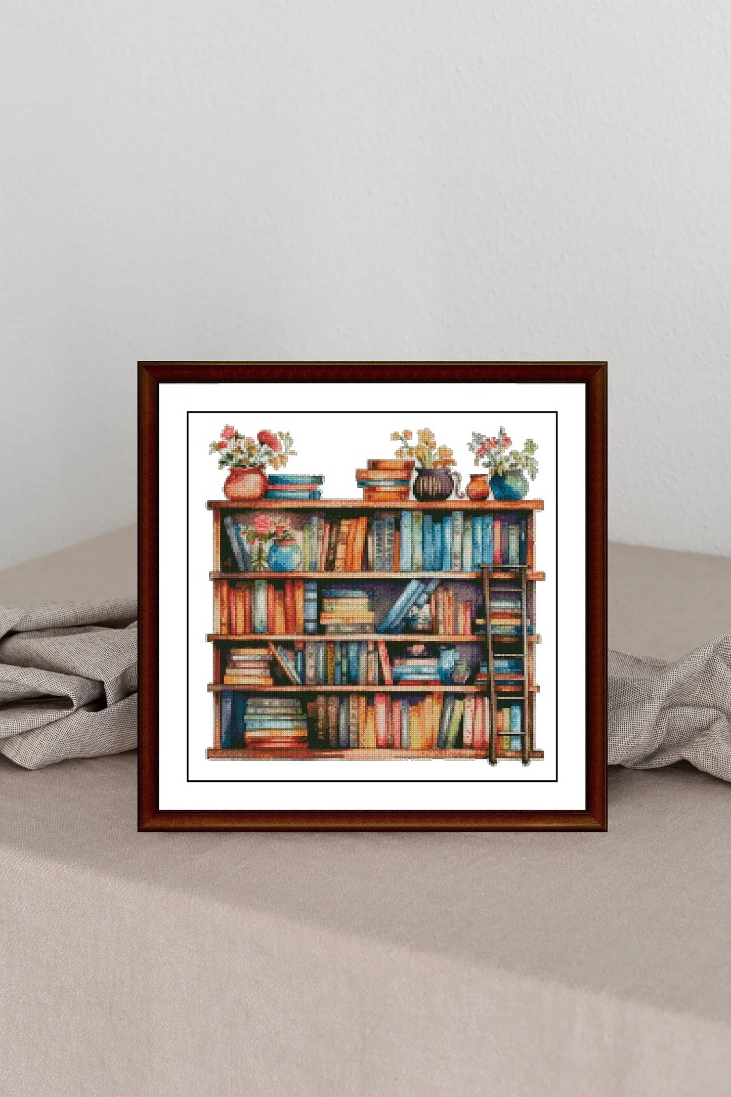 Bookcase Cross Stitch Pattern,Books and flowers in pots,Counted Cross Stitch,Pattern Keeper,xstitxh,Embroidery,Pdf,Instant Download